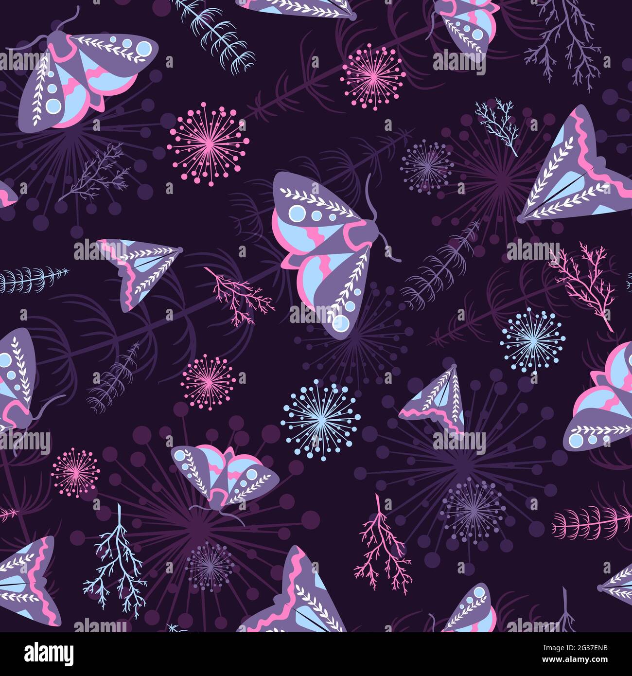 Motivi e piante modello senza cuciture con tema occulto e bohémien e colori rosa blu. Ripeti sfondo con farfalle notturne e vita giardino. Illustrazione Vettoriale