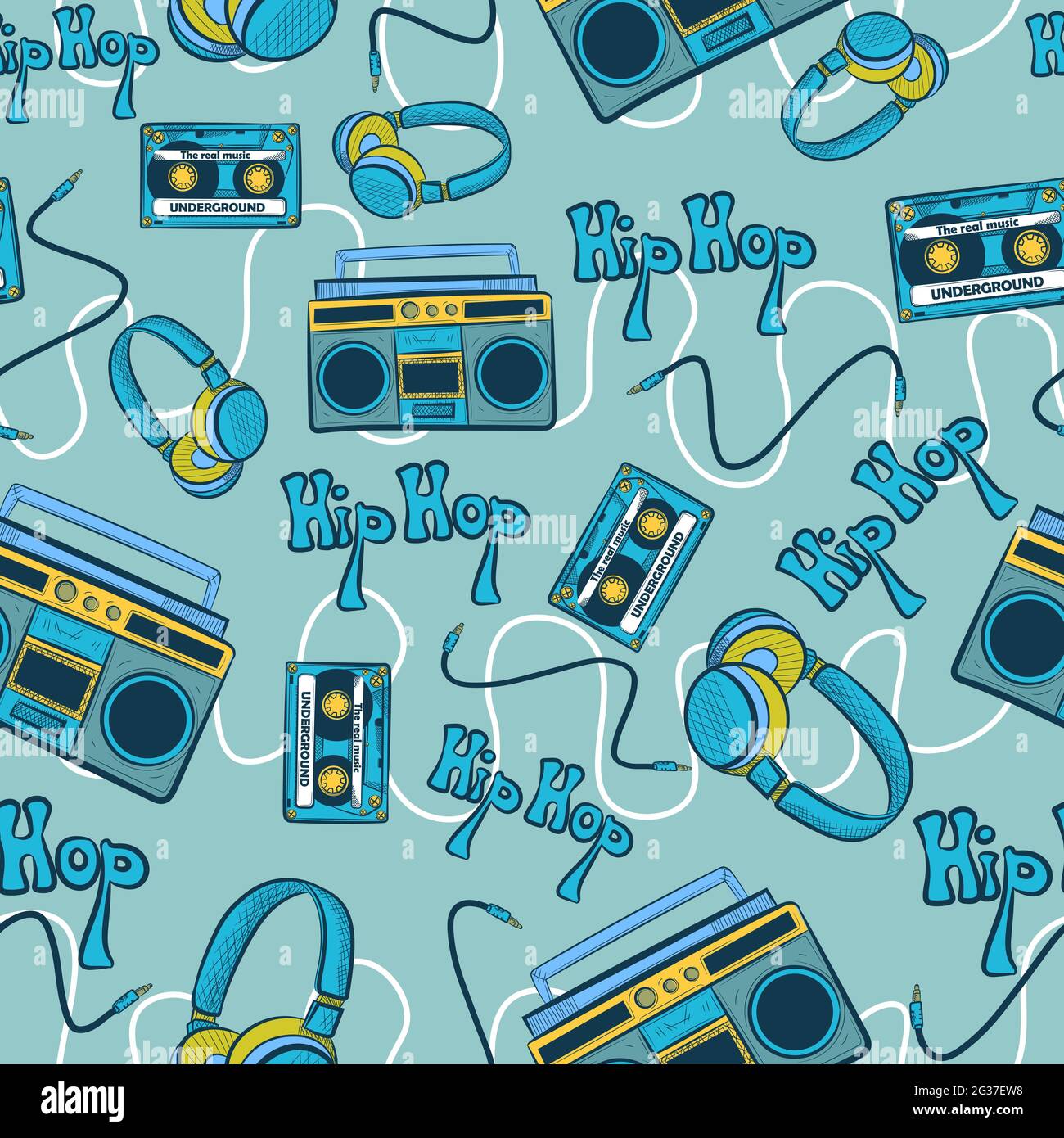 Hiphop blu modello senza cuciture con registratori, cassette, cuffie e cavi. Sfondo ripetitivo con elementi di cultura sotterranea hip hop. Illustrazione Vettoriale