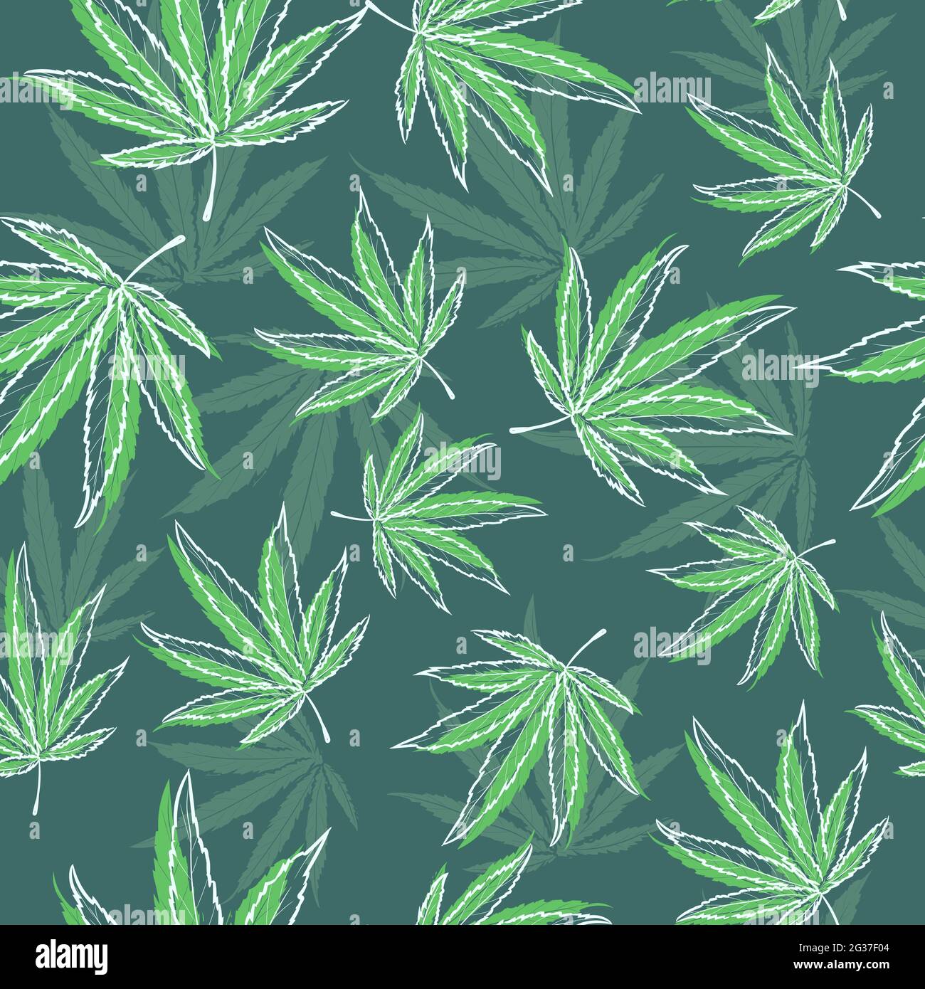 Modello senza cuciture verde con erbe mediche per fumare. Sfondo ripetitivo con marijuana e foglie di cannabis. Illustrazione naturale della canapa. Illustrazione Vettoriale