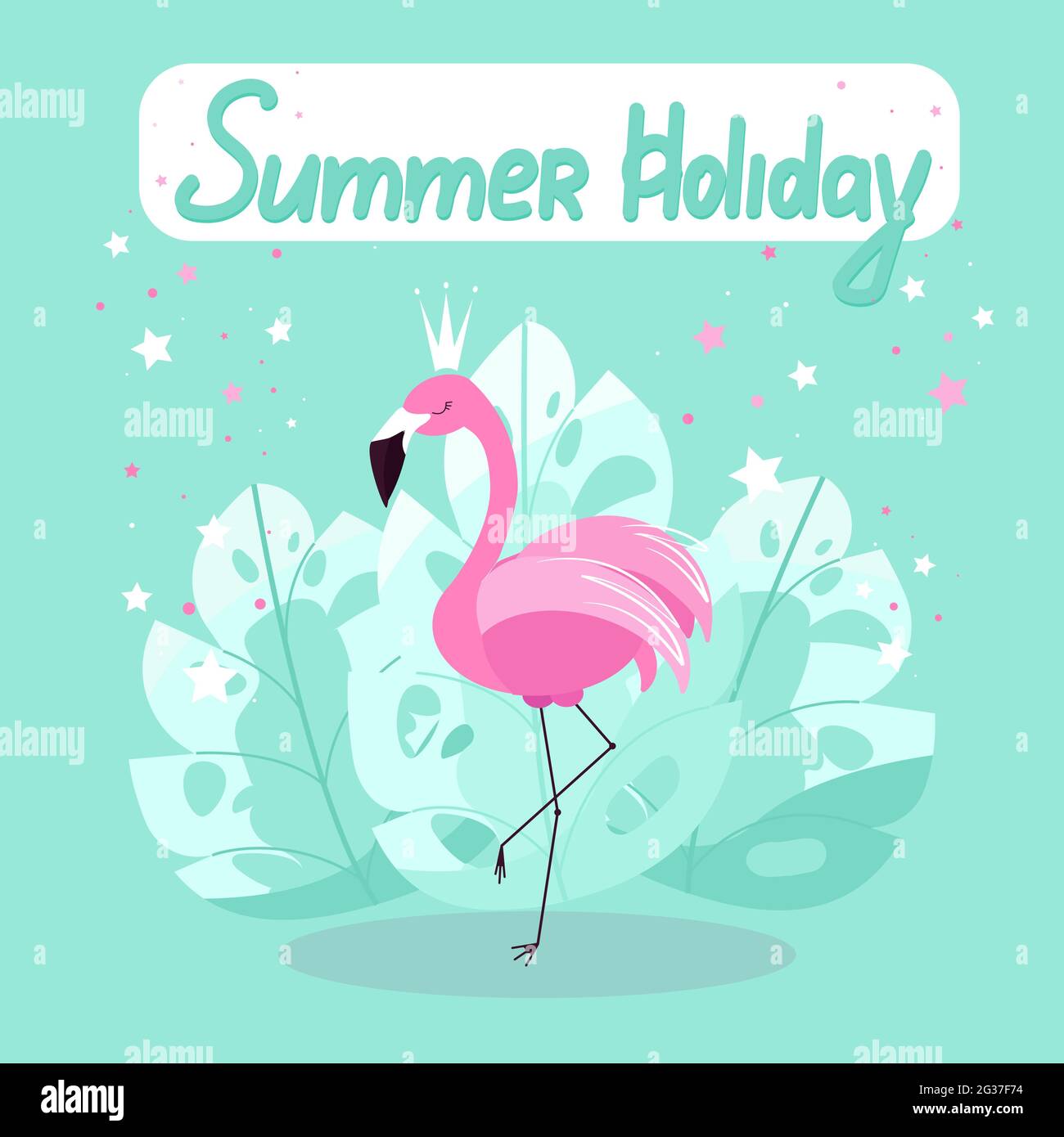 Poster rosa fenicottero per le vacanze estive, fenicotteri su uno sfondo di foglie di palma. Uccello esotico, illustrazione vettoriale in stile piatto Illustrazione Vettoriale