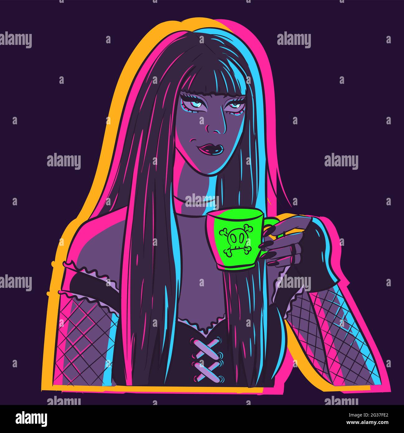 Arte vettoriale di una giovane ragazza sotto le luci al neon in abiti gotici che bevono una tazza di tè. Illustrazione di un cartoon di una donna grunge rilassante e tenendo un mu Illustrazione Vettoriale