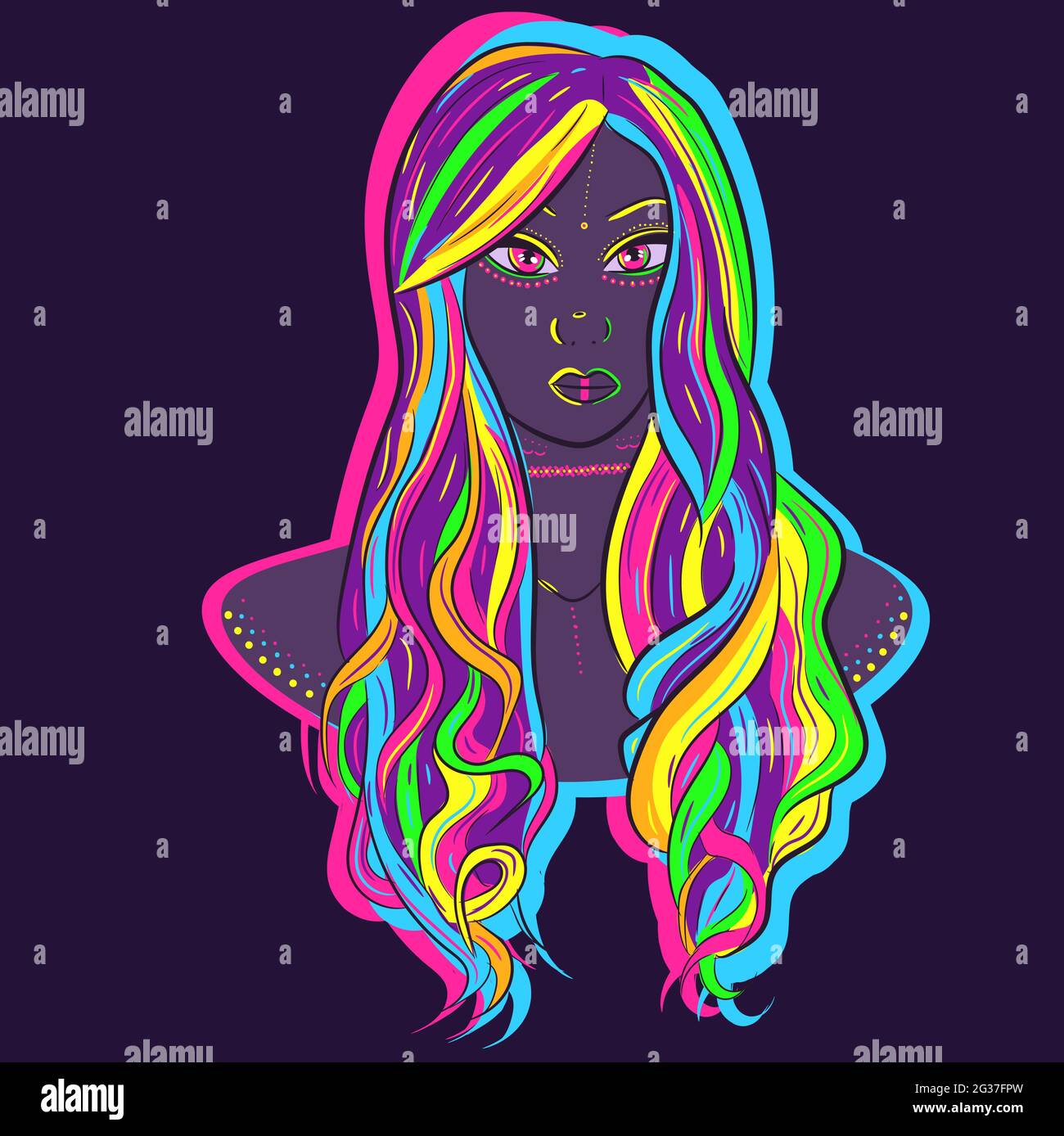 Illustrazione al neon di una donna al neon con capelli colorati. Arte vettoriale di un manichino che indossa una parrucca ricurly arcobaleno. Illustrazione Vettoriale