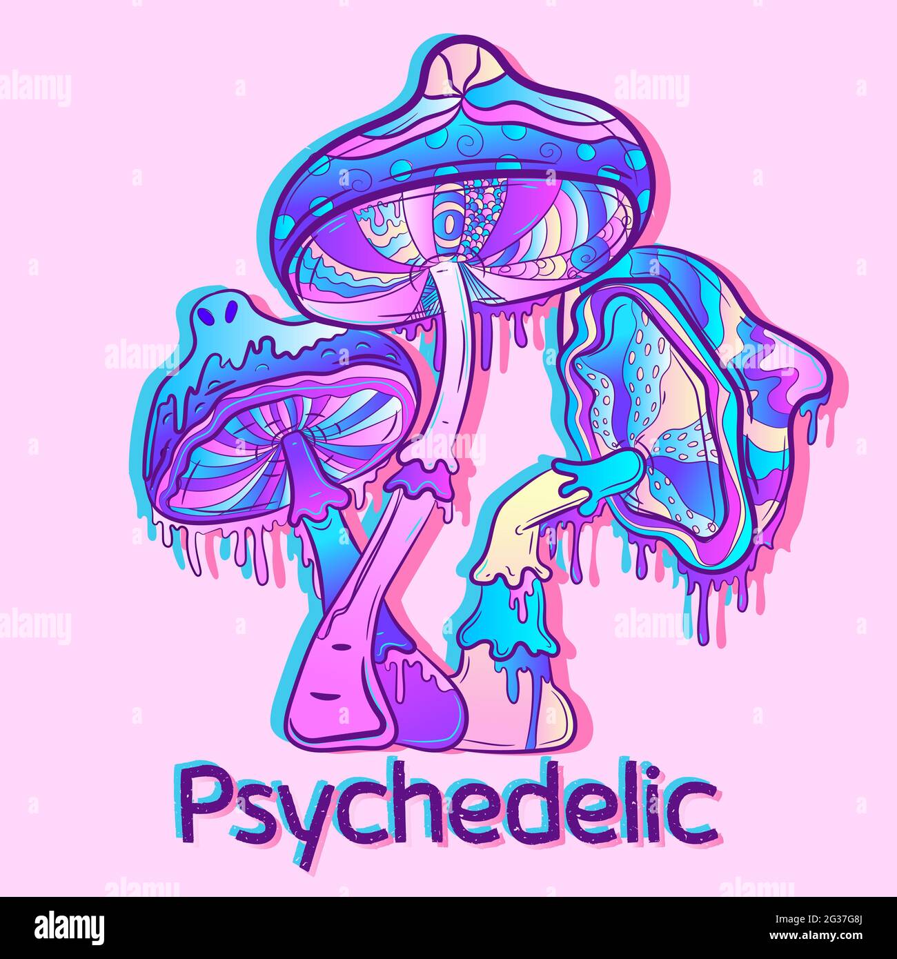 Arte vettoriale di tre funghi psichedelici con gradienti ed effetti UV al neon. Concetto di nuova età di fungo magico e surreale. Allucinogeno piante Illustrazione Vettoriale