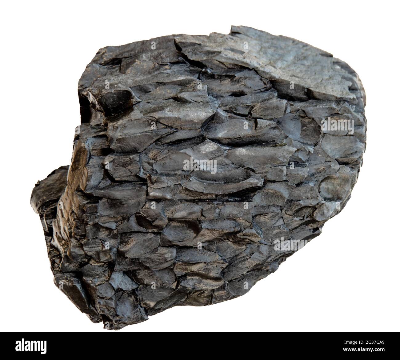 Insolita pietra nera traballante, non identificata. Geologia. Isolato su bianco. Foto Stock