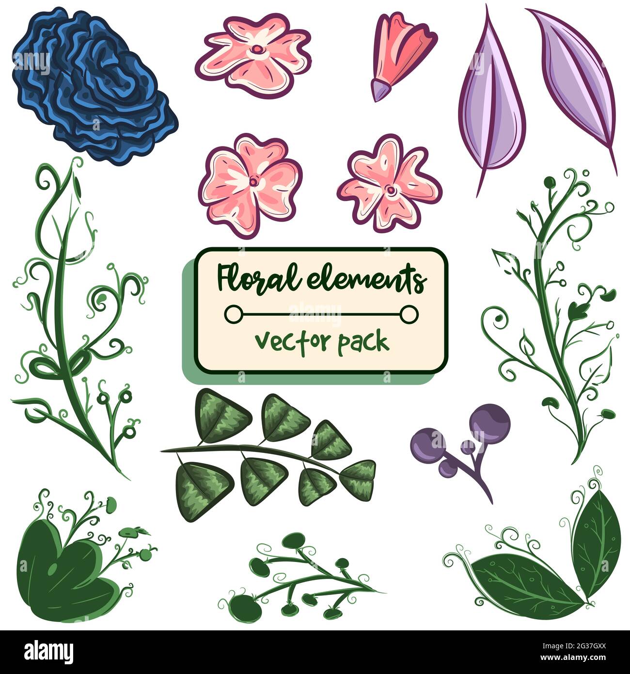Confezione di elementi con oggetti floreali. Set vettoriale con fiori, foglie e rami isolati. Erbe e piante rosa e verdi per eventi primaverili ed estivi. Illustrazione Vettoriale