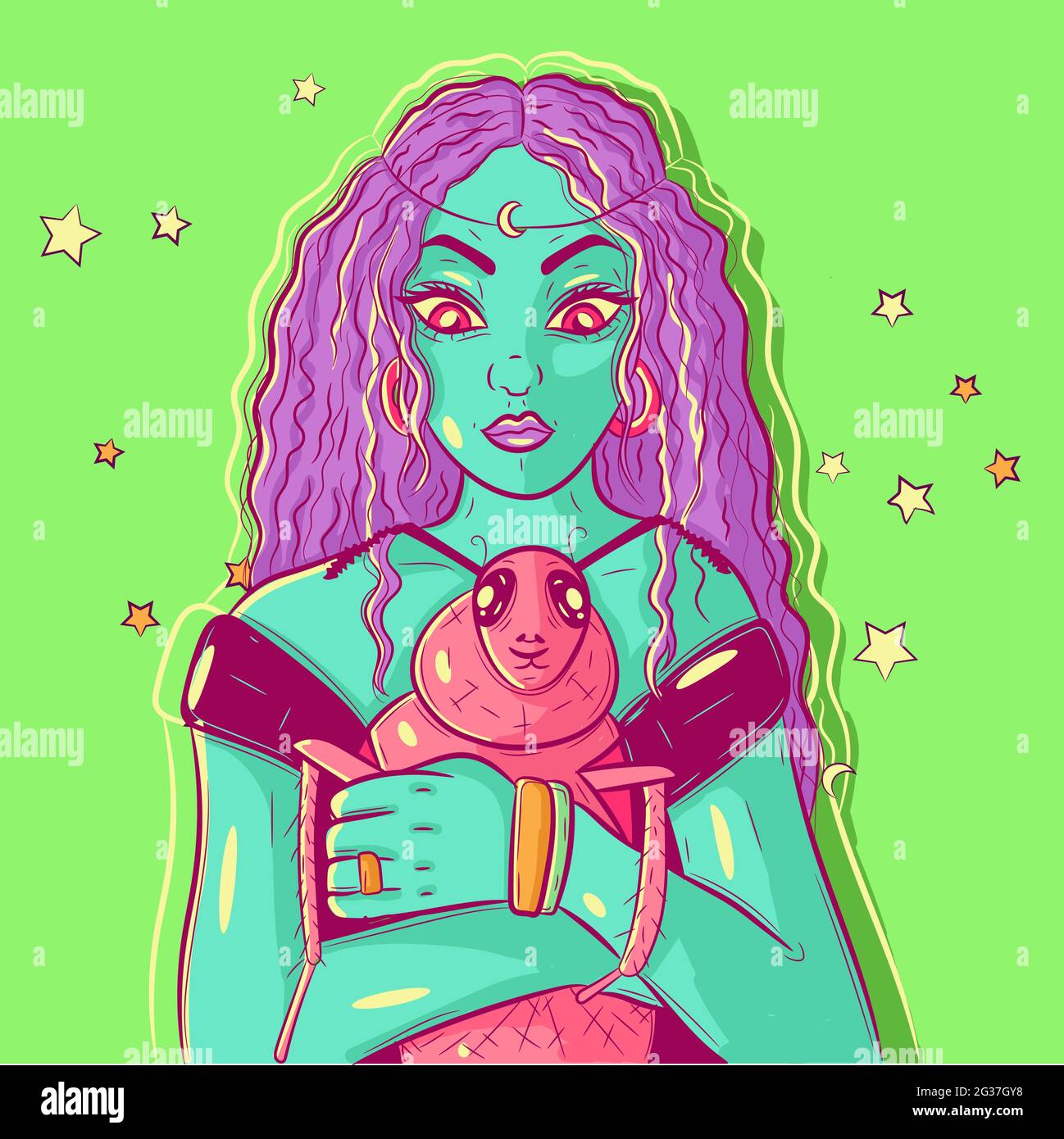 Illustrazione surreale e psichedelica di una donna che tiene un scarafaggio nelle sue braccia. Essere celeste con la pelle verde che abbraccia il suo animale domestico. Arte unica non comune Illustrazione Vettoriale