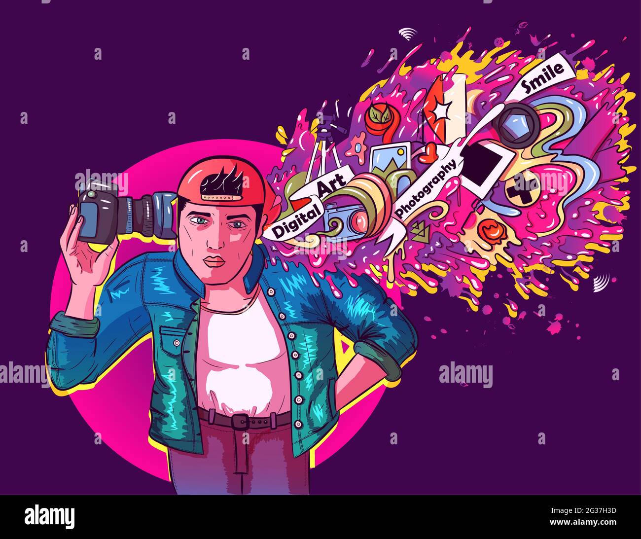 Arte vettoriale di un cameraman che indossa una giacca in denim che tiene la sua fotocamera digitale alla sua testa.fotografo con colori, idee ed elementi che esplodono e si fondono Illustrazione Vettoriale