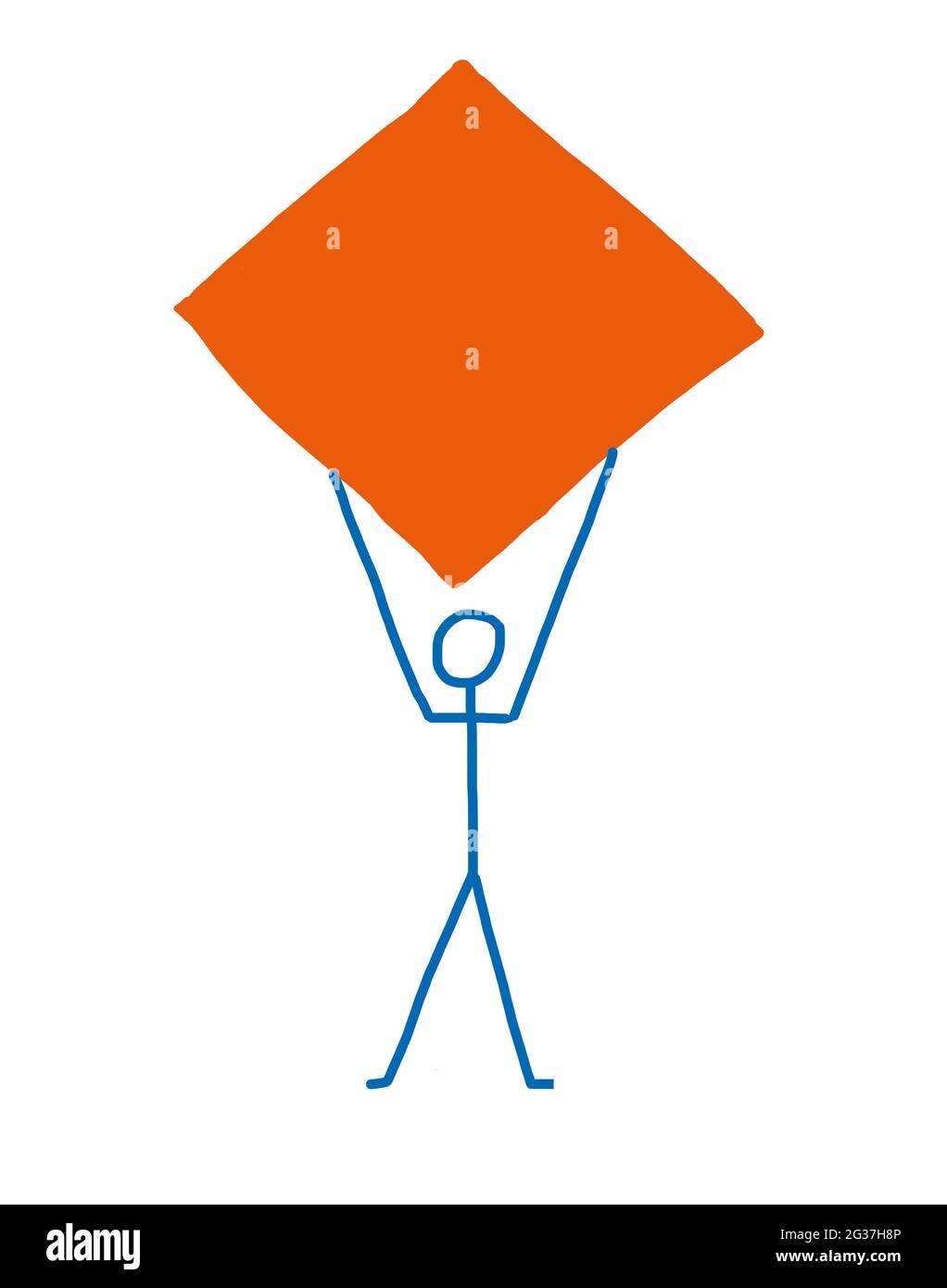 Illustrazione ingenua, disegno bambino, ragazza bastone che solleva un carico pesante Foto Stock