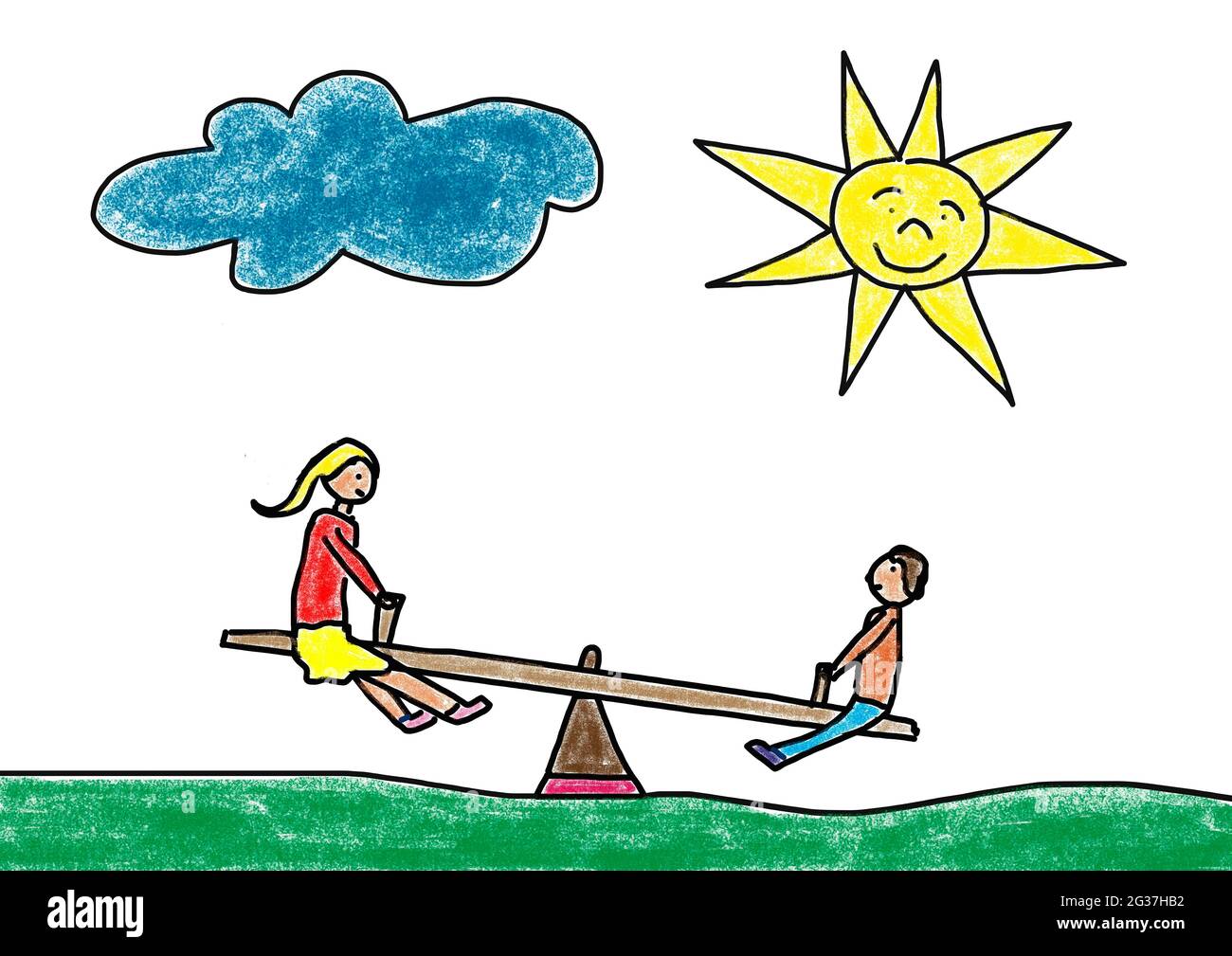 Illustrazione ingenua, disegno per bambini, due bambini nel giardino su un' altalena giardino Foto stock - Alamy