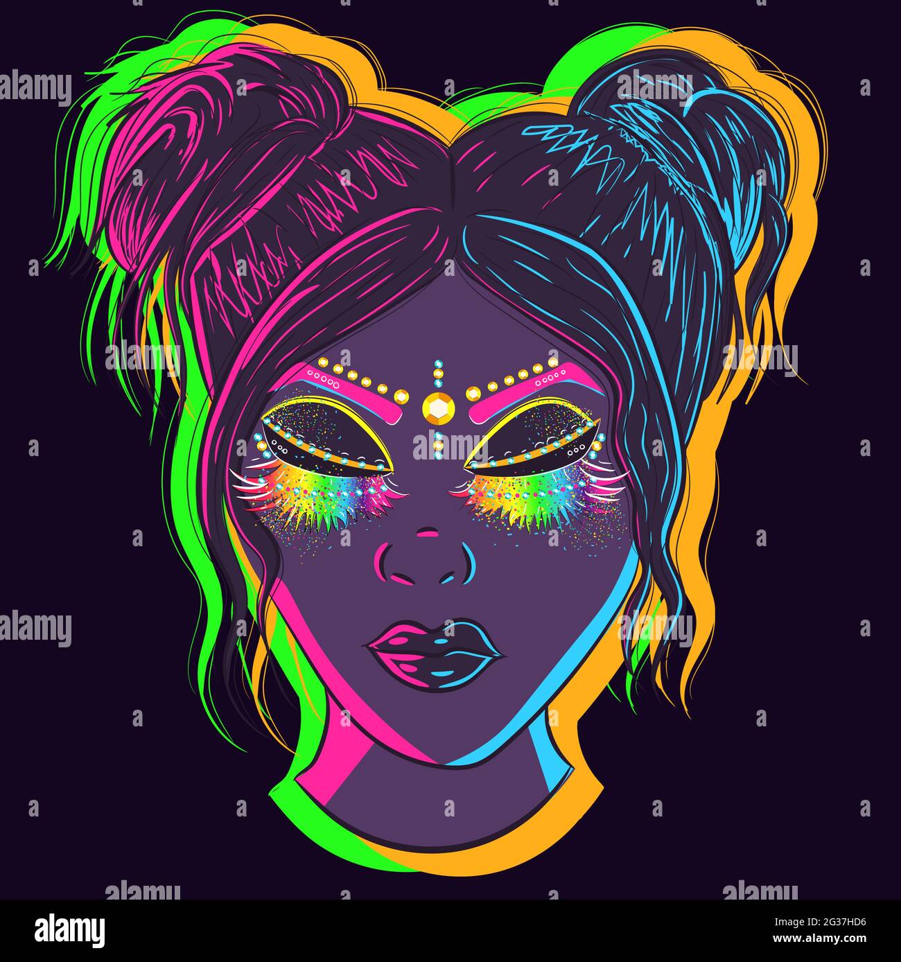 Donna che brilla sotto le luci al neon con favoloso trucco glitterato, strhinestones ed enormi ciglia dell'arcobaleno. Personaggio cartoon Illustrazione Vettoriale