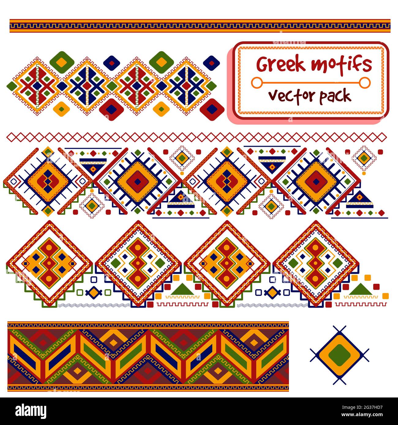 Pacchetto vettoriale con motivi tradizionali della Grecia e dell'isola di Creta. Modelli senza giunture e confini dei titoli del Sud europa. Mediterraneo e scandinavo c Illustrazione Vettoriale