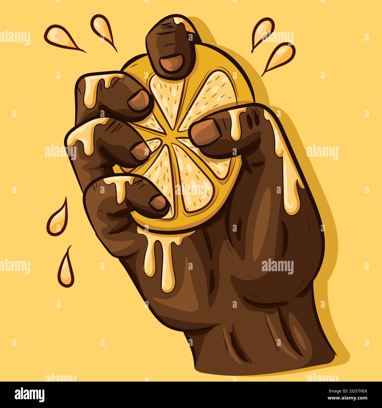 Mano dell'uomo nero che spreme il succo di lime da una fetta di limone. Citric tropicale e estivo a fette. Ingredienti alimentari maturi e freschi che vengono drenati di polpa. Illustrazione Vettoriale