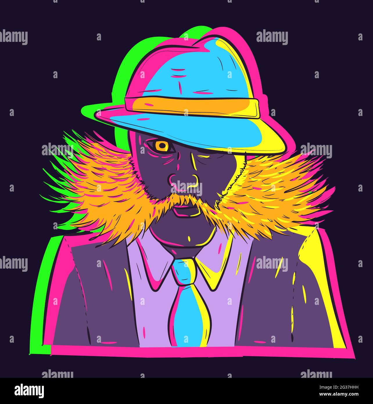 Vettore di una mobster neon gentleman dalla mafia con barba e baffi poliziotti. Uomo peloso in un vestito che indossa un cappello fedora e una cravatta incandescente. Illustrazione Vettoriale