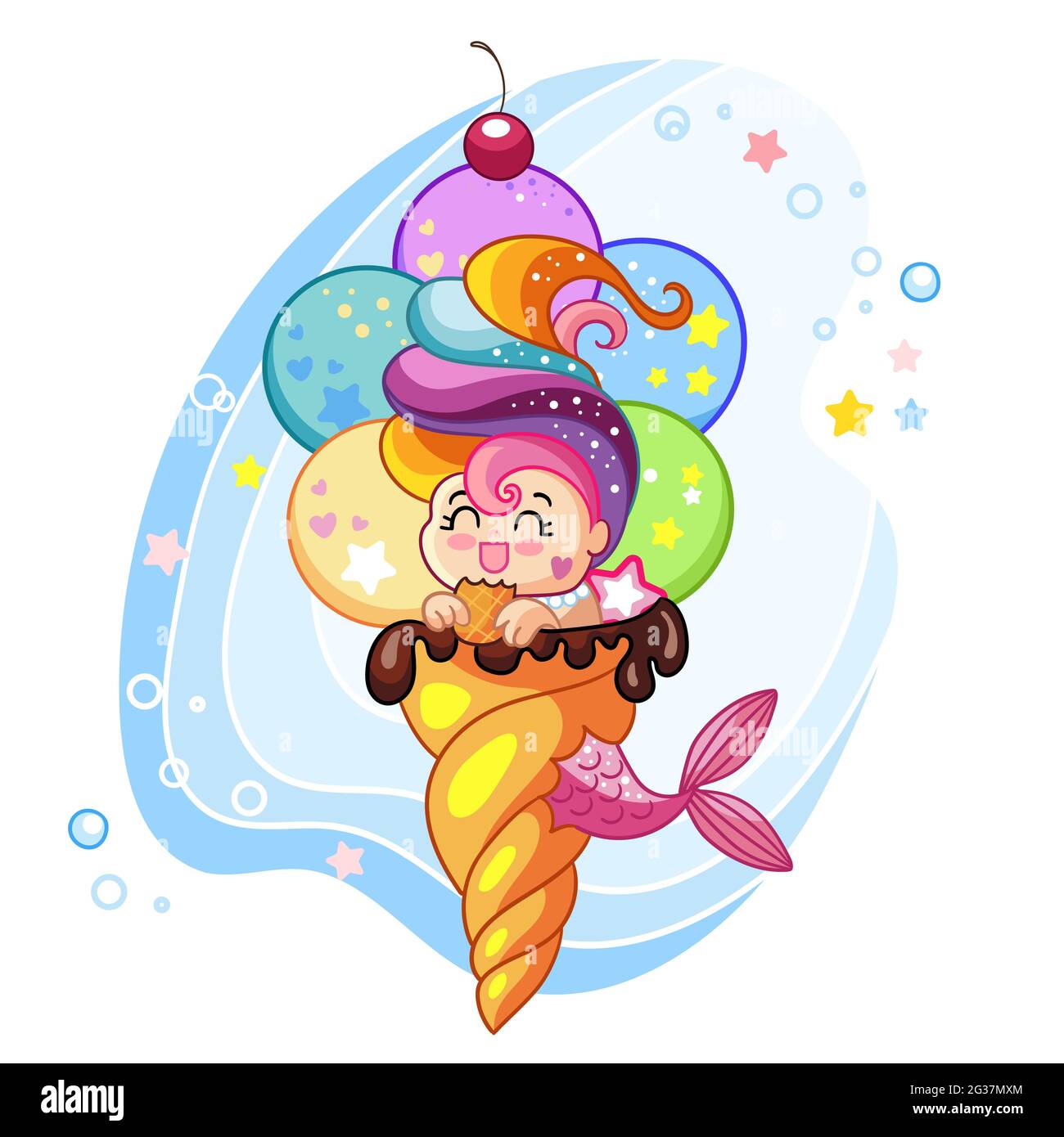 Carino personaggio sirena kawaii in cono gelato. Illustrazione isolata di cartoni animati vettoriali. Illustrazione del magazzino. Per la composizione, la stampa e la progettazione di t-shirt, Illustrazione Vettoriale