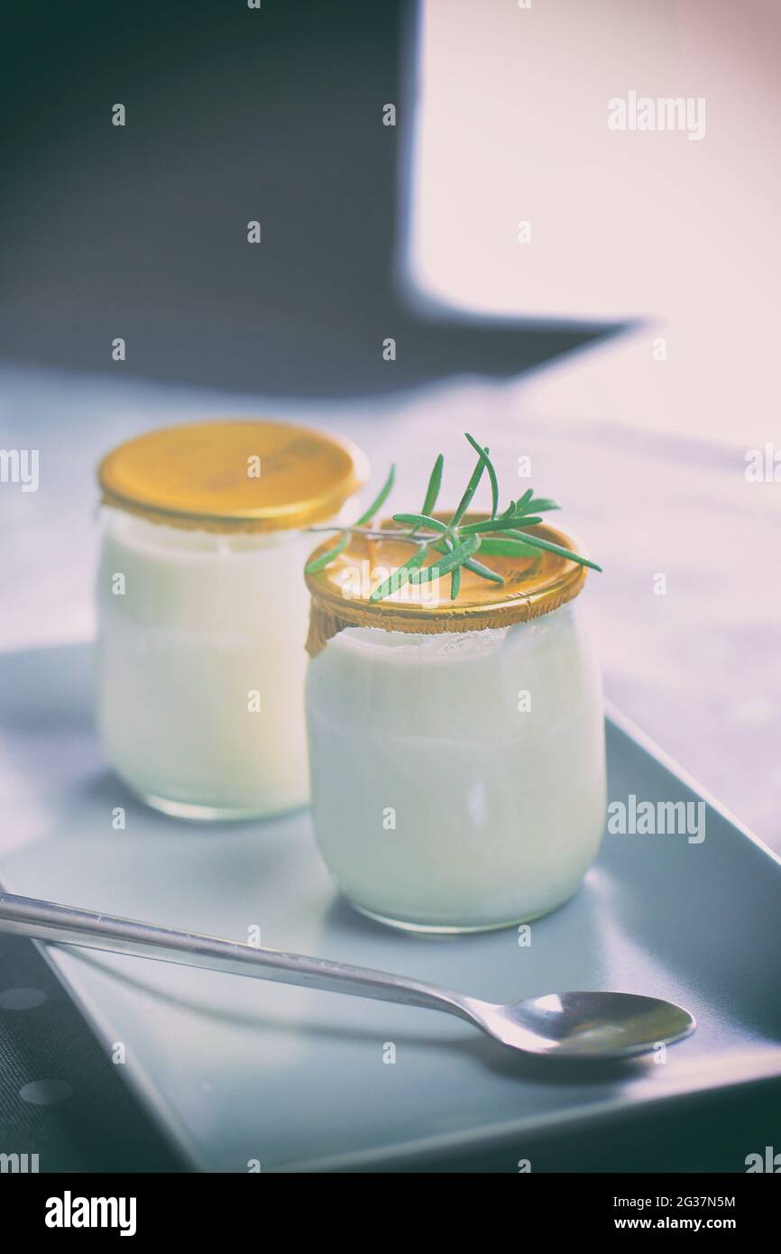 Yogurt in un vaso di vetro con un cucchiaio. Cibo sano per colazione, latticini Foto Stock