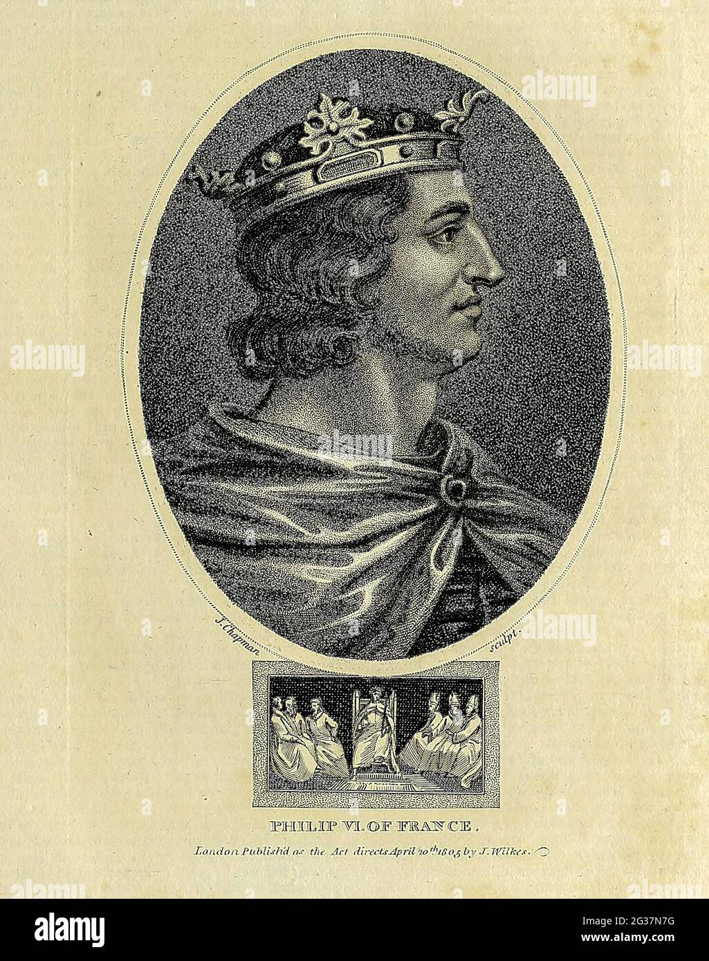 Filippo VI di Francia. Filippo VI (in francese Philippe; 17 novembre 1293 – 22 agosto 1350), chiamato fortunato e di Valois, fu il primo re di Francia della Casa di Valois, regnante dal 1328 fino alla sua morte. Incisione su copperplate dell'Enciclopedia Londinensis OR, dizionario universale delle arti, delle scienze e della letteratura; Volume VII; a cura di Wilkes, Giovanni. Pubblicato a Londra nel 1810 Foto Stock