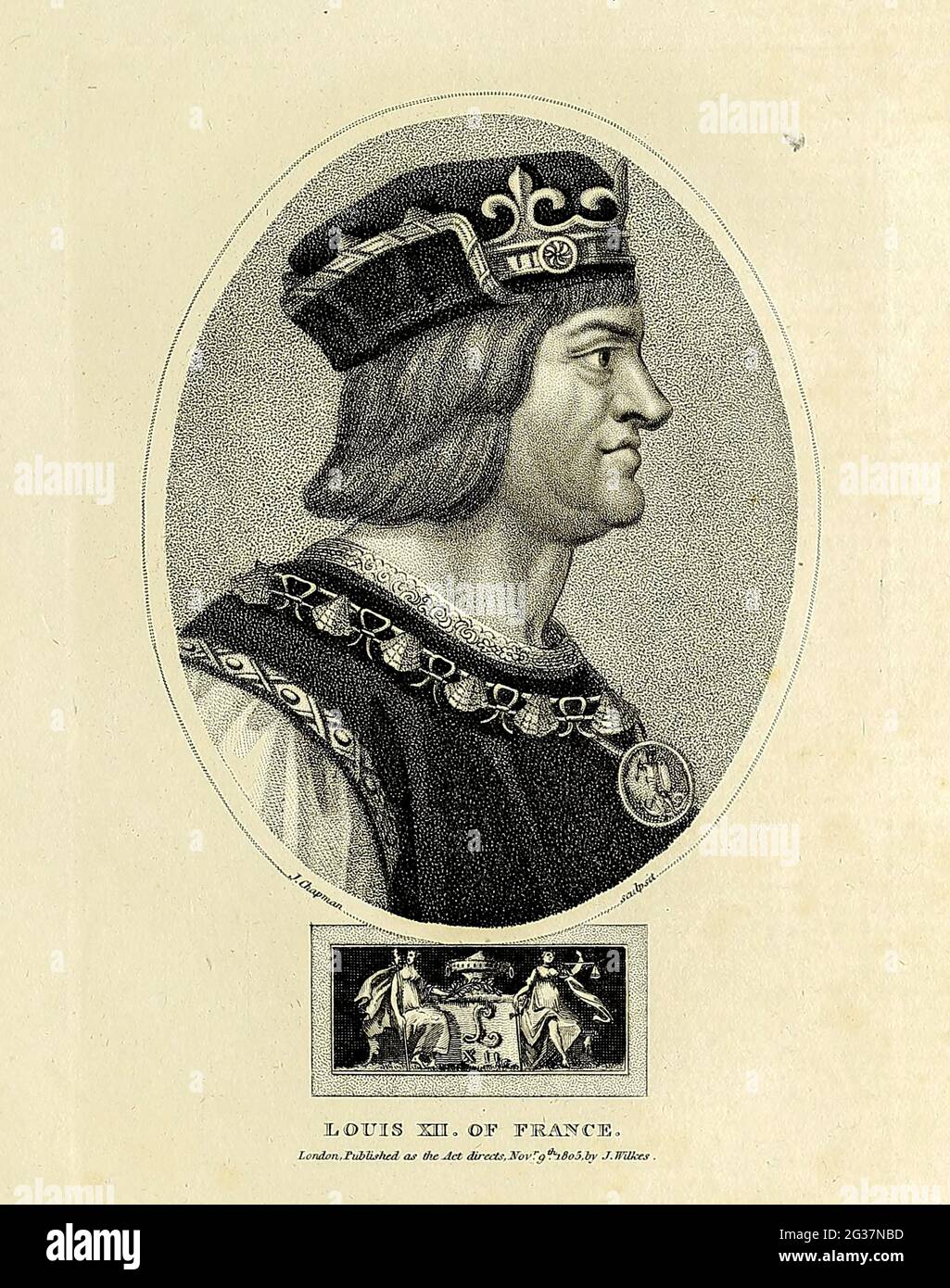 Luigi XII di Francia Luigi XII (27 giugno 1462 – 1 gennaio 1515) fu Re di Francia dal 1498 al 1515 e Re di Napoli dal 1501 al 1504. Figlio di Carlo, Duca d'Orléans, e Maria di Cleves, succedette al suo secondo cugino, una volta rimosso, Carlo VIII, che morì senza eredi diretti nel 1498. Incisione su copperplate dell'Enciclopedia Londinensis OR, dizionario universale delle arti, delle scienze e della letteratura; Volume VII; a cura di Wilkes, Giovanni. Pubblicato a Londra nel 1810 Foto Stock