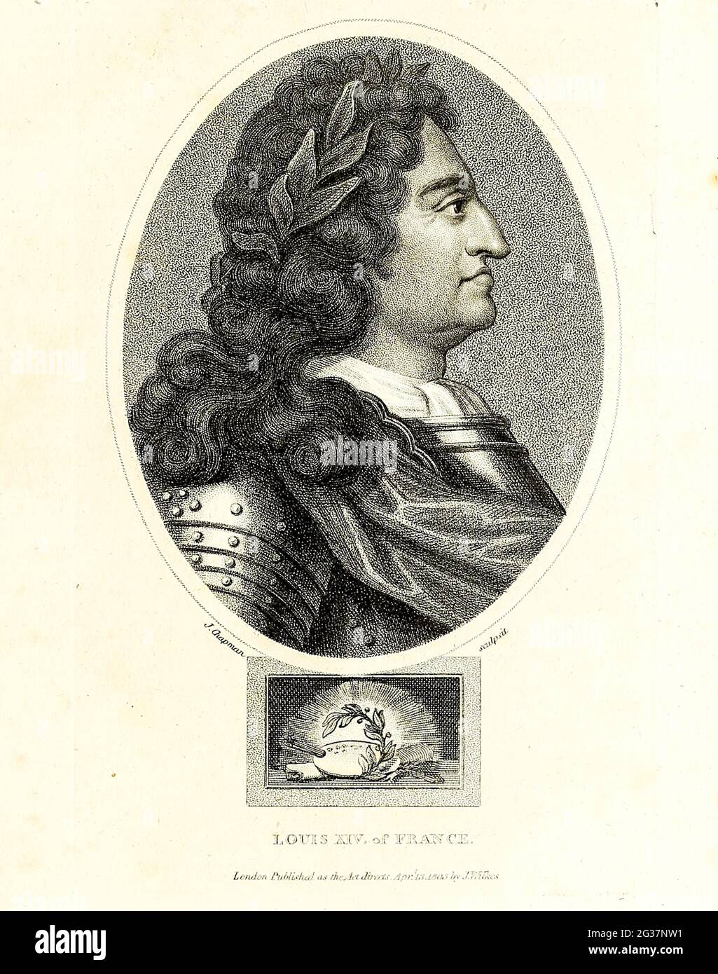 Luigi XIV di Francia Luigi XIV (Luigi Dieudonné, 5 settembre 1638 – 1 settembre 1715), noto anche come Luigi il Grande (Luigi le Grand) o Re Sole (le Roi Soleil), fu Re di Francia dal 14 maggio 1643 fino alla sua morte nel 1715. Il suo regno di 72 anni e 110 giorni è il più lungo registrato di qualsiasi monarca di un paese sovrano nella storia.[1][a] la Francia di Luigi XIV era emblematica dell'età dell'assolutismo in Europa. Incisione Copperplate dall'Enciclopedia Londinensis o, dizionario universale di arti, scienze e letteratura; Volume VII; A cura di Wilkes, Giovanni. Pubblicato a Londra nel 1810 Foto Stock