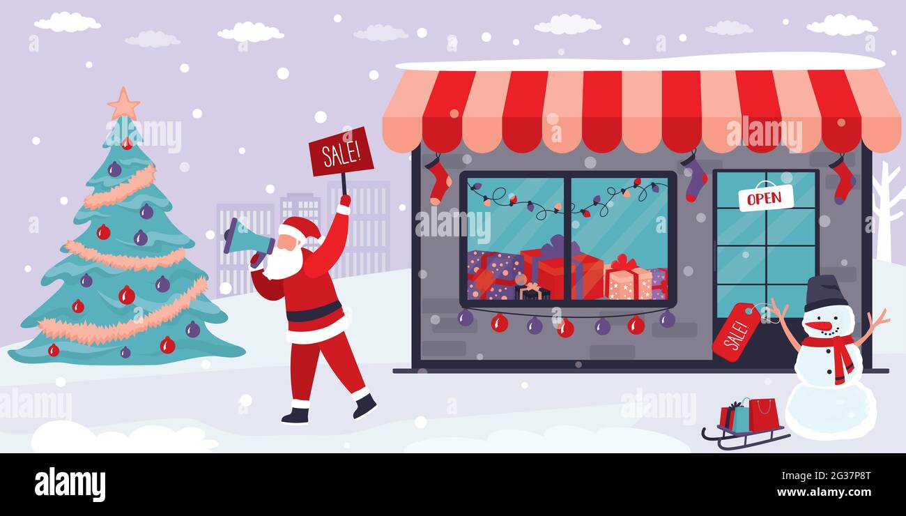 Storefront, albero di natale tradizionale e pupazzo di neve divertente con etichetta di vendita. Promotore maschile vestito come Babbo Natale detiene la scheda sconto. Sconti invernali Illustrazione Vettoriale