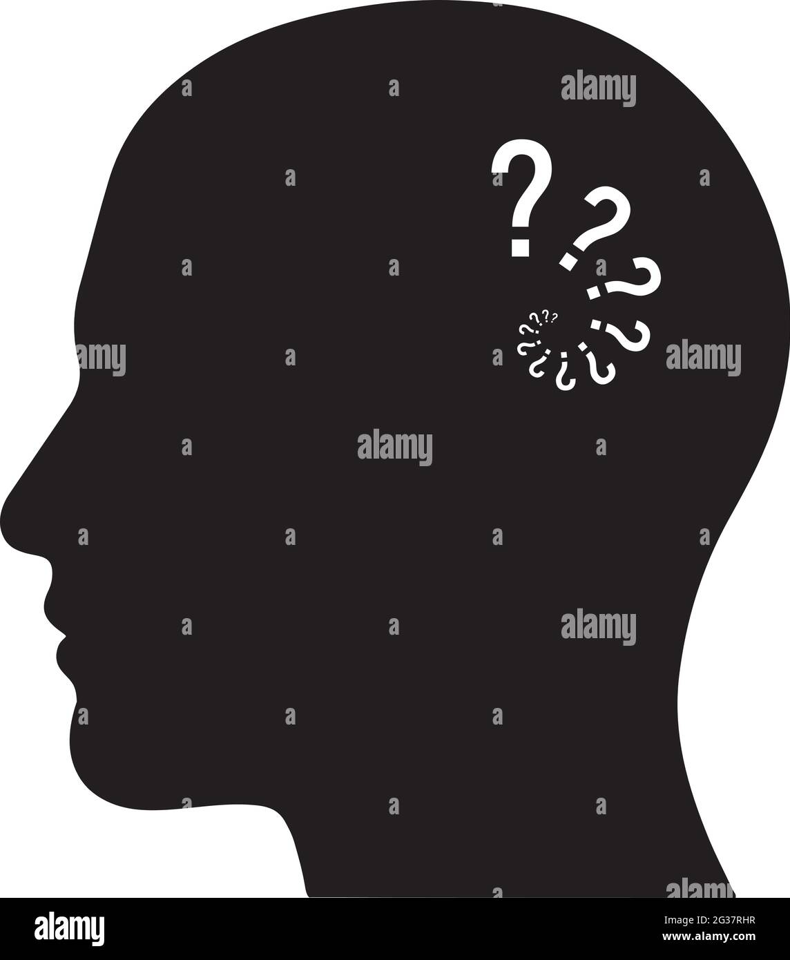 Figura vettoriale sagoma della testa umana con punti interrogativi che indicano confusione o malattia di Alzheimers Illustrazione Vettoriale