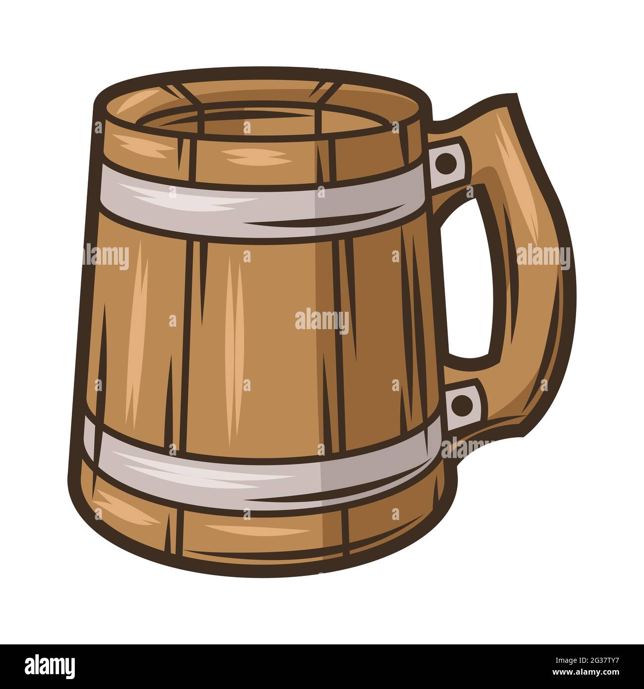 Illustrazione della tazza di legno con la birra. Oggetto in incisione stile disegnato a mano. Vecchio elemento per il festival della birra o l'Oktoberfest. Illustrazione Vettoriale