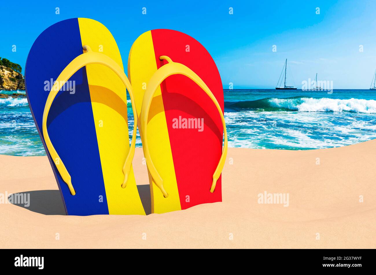 Flip flop con bandiera rumena sulla spiaggia. Romania resort, vacanze, tour, pacchetti viaggio concetto. Rendering 3D Foto Stock