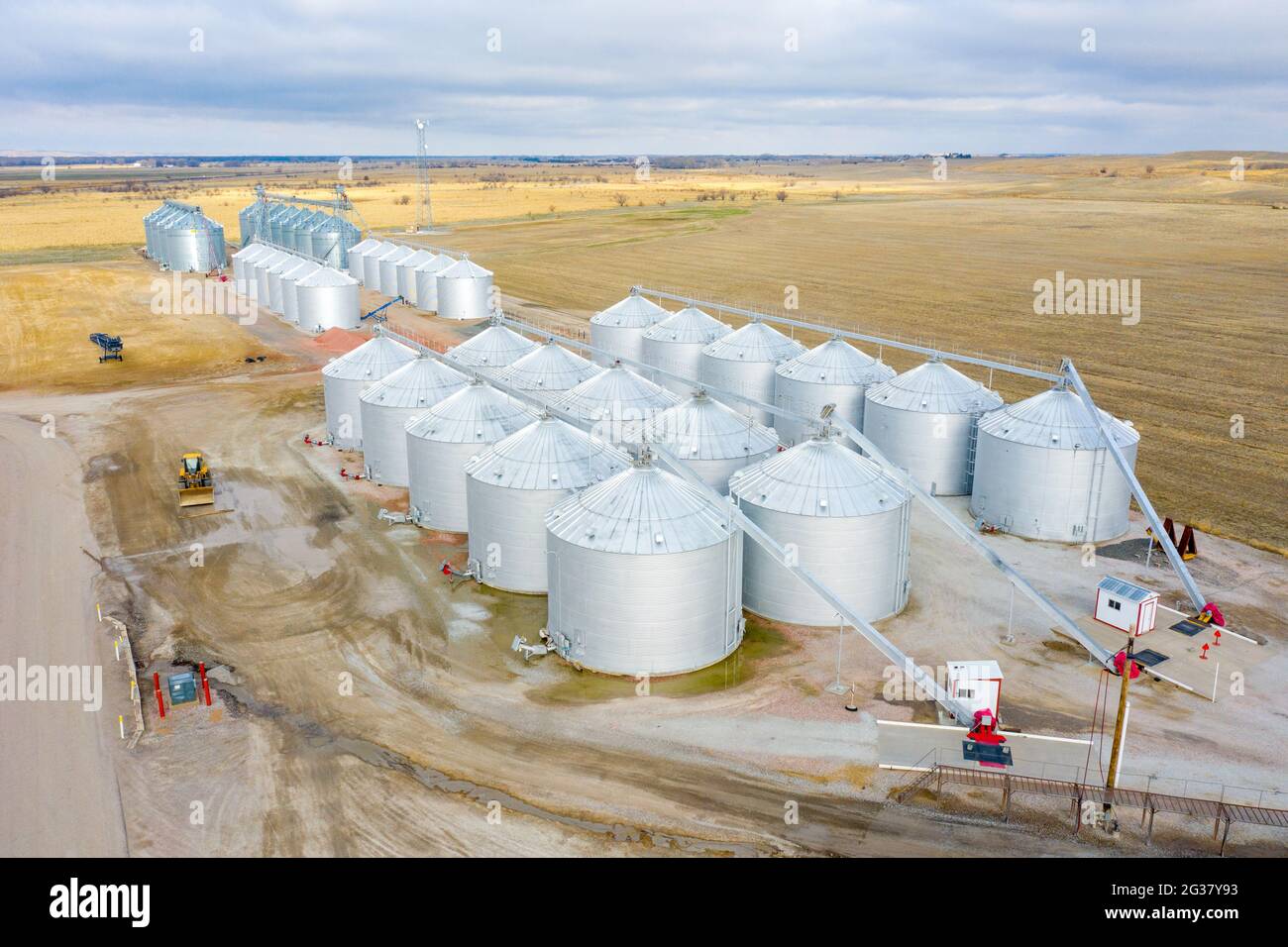 Deposito di mais, bidoni di grano in acciaio corrugato, Gothenburg, Nebraska Foto Stock