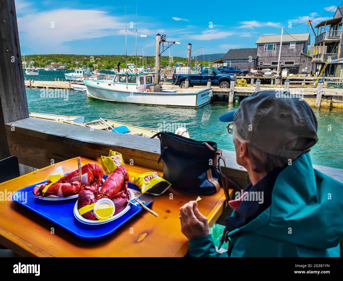 Beals Lobster Pier, Southwest Harbor, Mount Desert Island, Maine, Stati Uniti Foto Stock