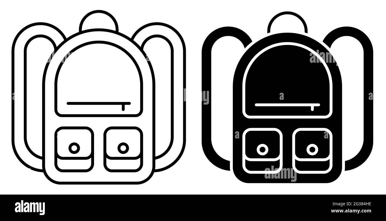 vista frontale dell'icona dello zaino scolastico. 1 settembre, inizio dell'anno scolastico. Accessori per studenti. Vettore in bianco e nero in stile lineare semplice Illustrazione Vettoriale