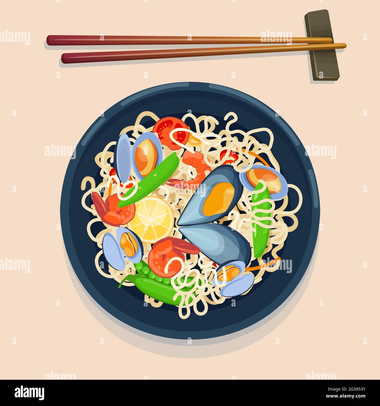 Illustrazione di spaghetti con cozze e gamberi Illustrazione Vettoriale