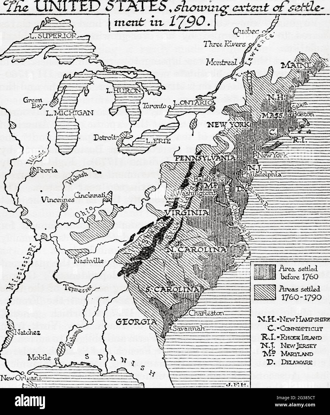 Mappa delle Staes unite che mostra l'entità dell'insediamento nel 1790. Da una breve storia del mondo, pubblicato c.1936 Foto Stock