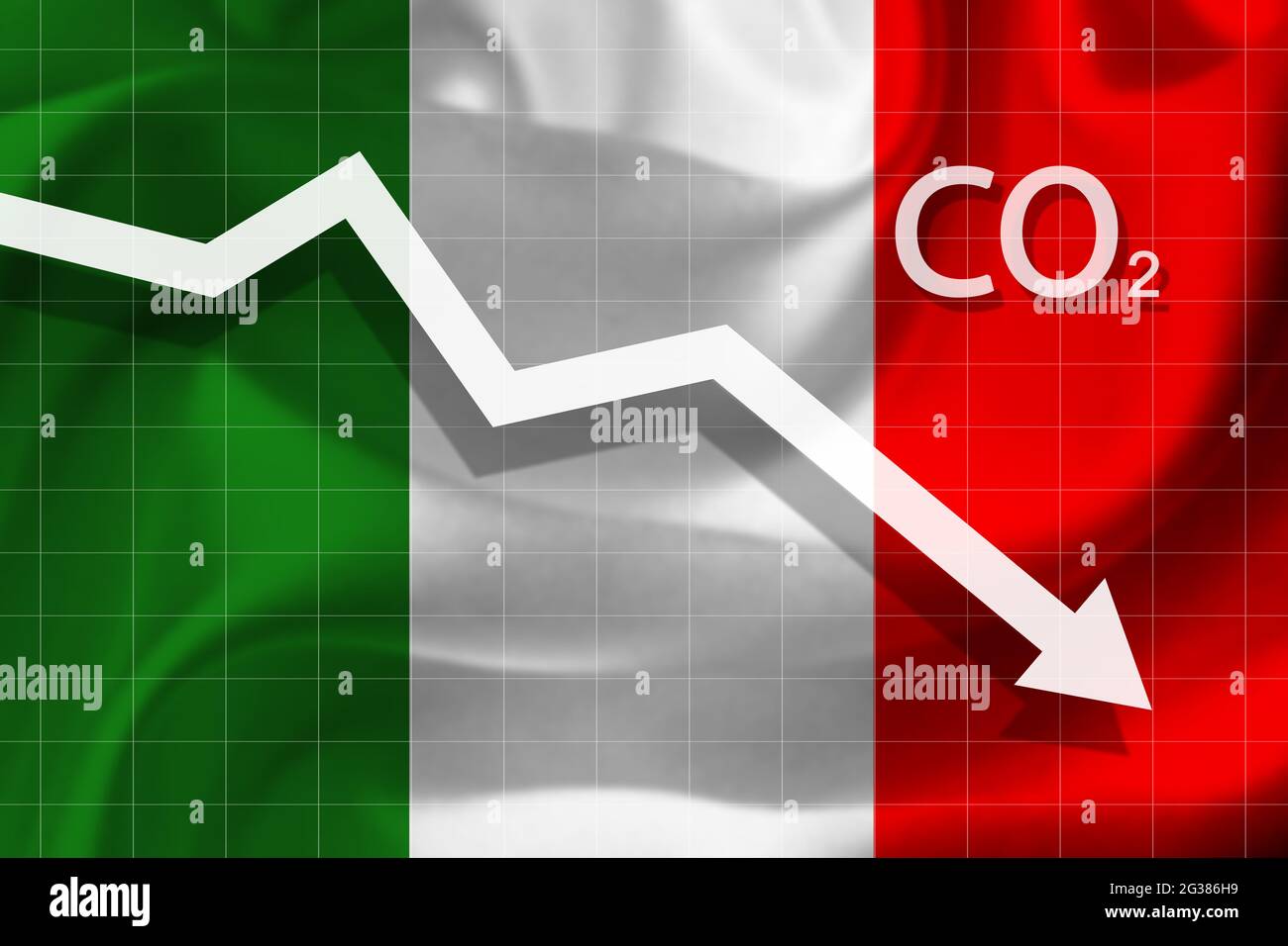 Grafico del calo dell'inquinamento atmosferico con anidride carbonica in Italia. Concetto ecologico. Foto Stock