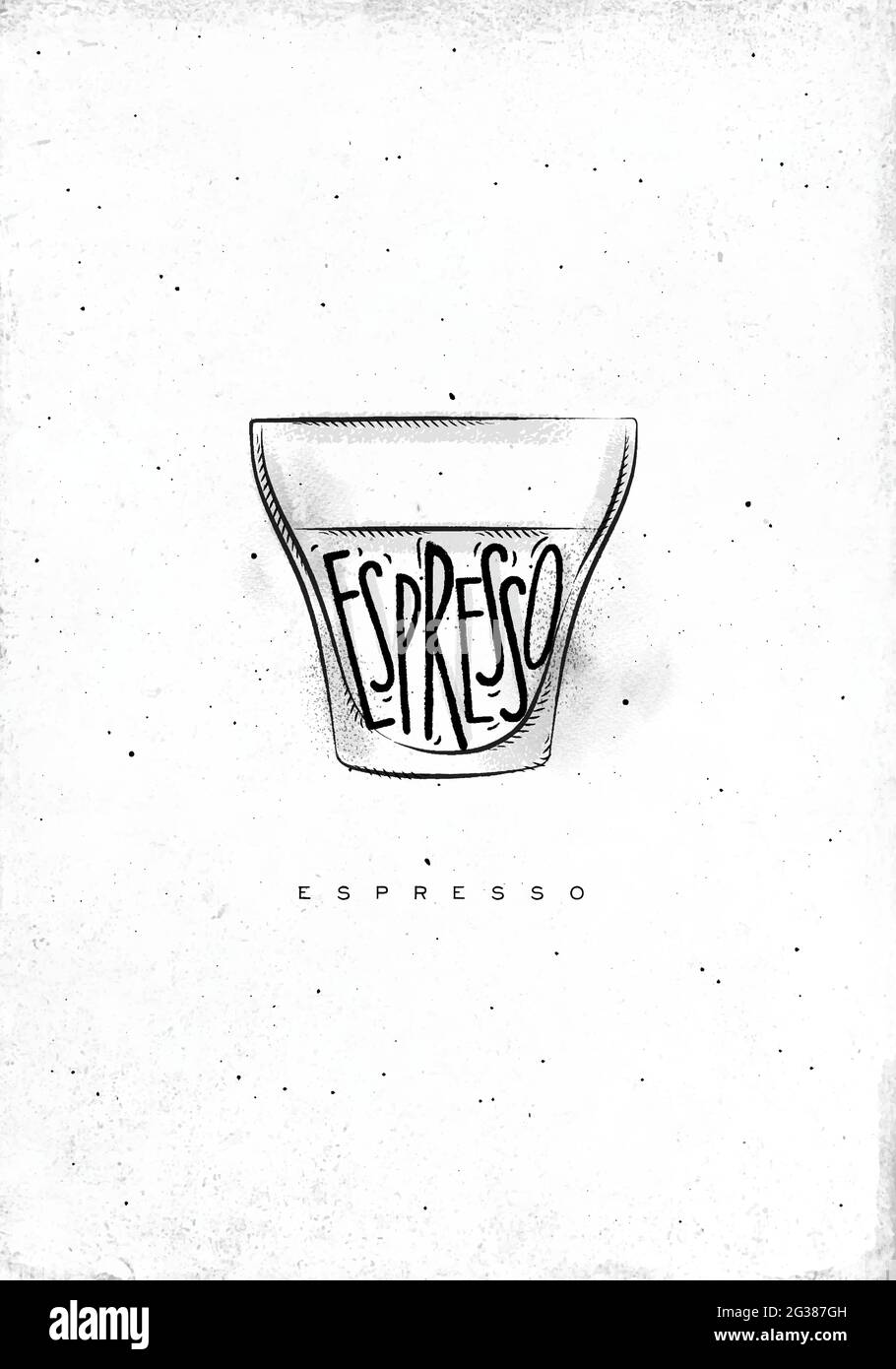 Espresso con scritta espresso in stile grafico vintage disegnando su sfondo di carta sporco Illustrazione Vettoriale