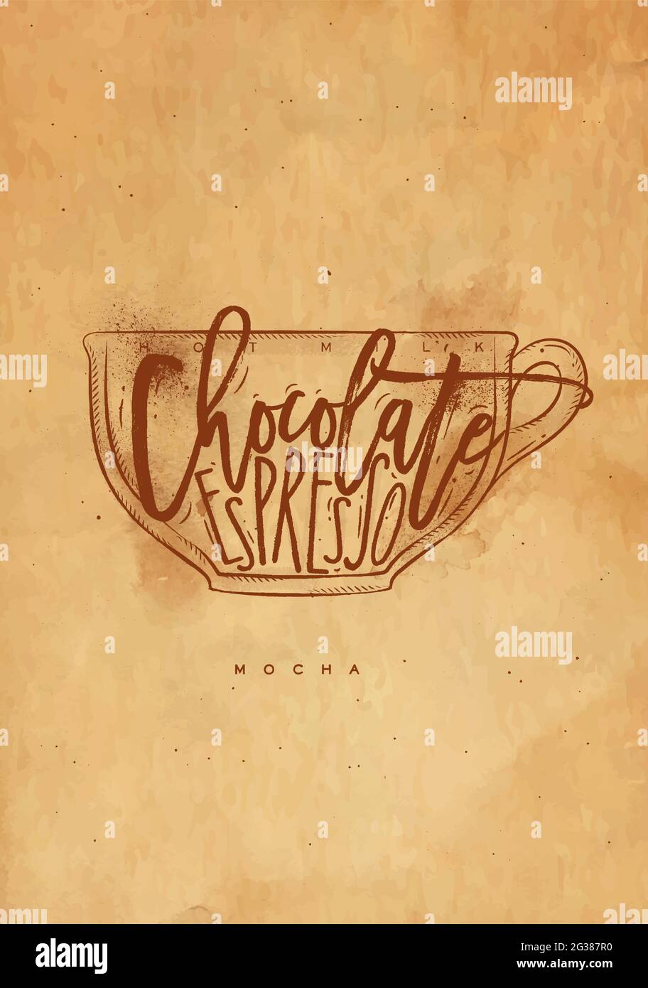 Tazza Mocha scritta latte caldo, cioccolato, espresso in un disegno grafico vintage con artigianato Illustrazione Vettoriale