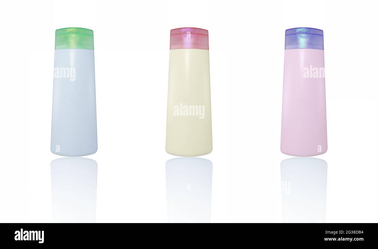 Flacone di plastica di prodotto per la cura dei capelli su sfondo bianco. Foto Stock