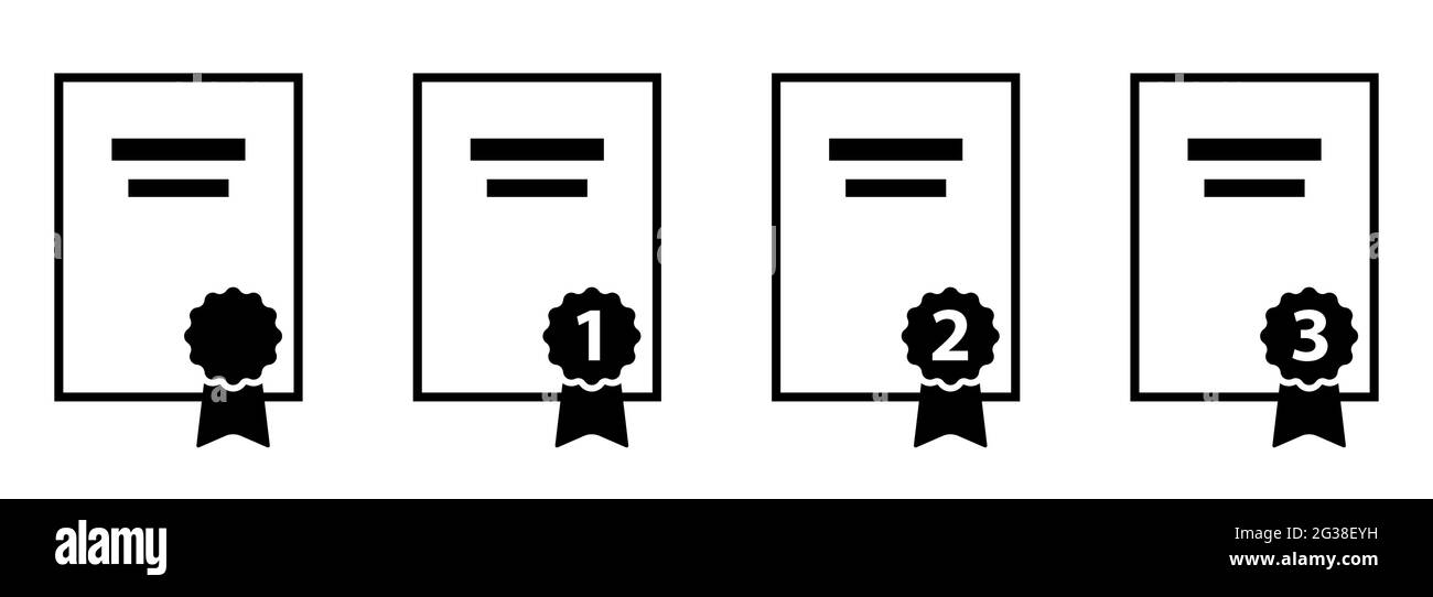 Simbolo della carta per il riconoscimento dei certificati con icone di illustrazione vettoriale dei certificati primo secondo e terzo posto Illustrazione Vettoriale