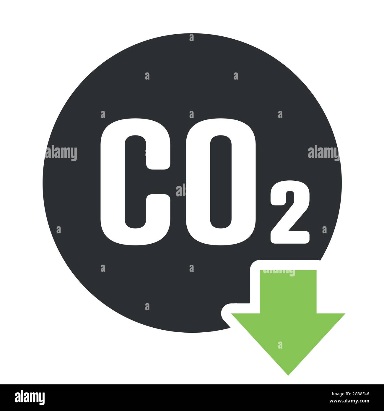 Pulsante del simbolo CO2 con la freccia verso il basso per l'icona del vettore di riduzione dei gas serra Illustrazione Vettoriale