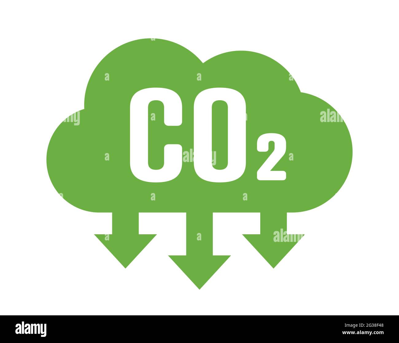 Simbolo della nuvola di CO2 con frecce verso il basso per l'icona del vettore di riduzione dei gas serra Illustrazione Vettoriale