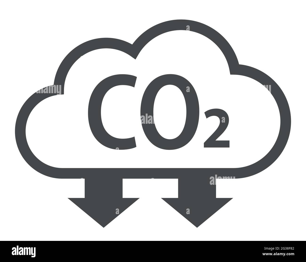 Simbolo della nuvola e della co2 con frecce verso il basso per l'icona del vettore di riduzione dei gas serra Illustrazione Vettoriale