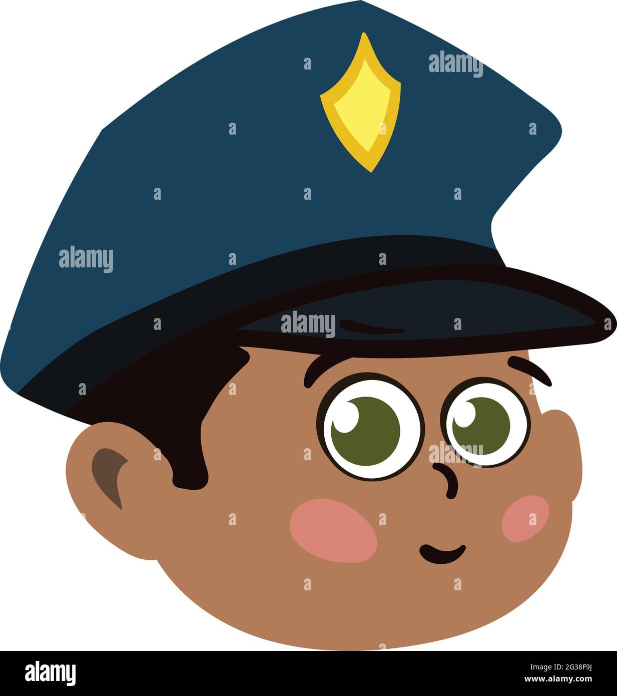 Carino polizia ufficiale viso bambino. Bambino ragazzo carino e adorabile con cappello di polizia. Faccia carina con le espressioni innocenti che guardano felici. Faccia sorridente. Faccia felice Illustrazione Vettoriale