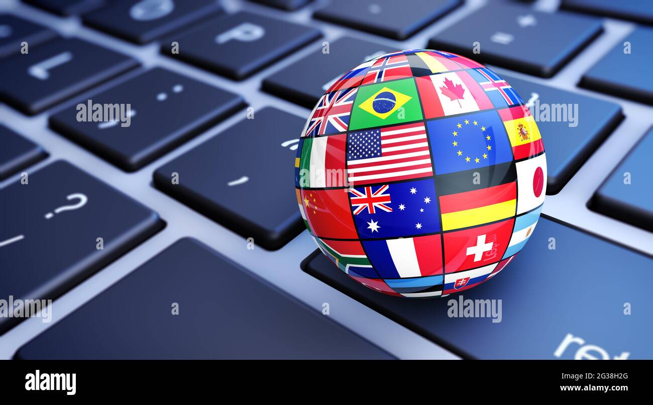 Internazionali bandiere del mondo globo. Concetto di business online e di servizi web in tutto il mondo con bandiere internazionali su una tastiera per computer 3D Illustrat Foto Stock