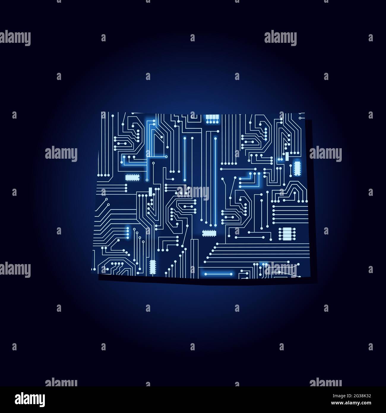 Mappa del contorno del Wyoming con un circuito elettronico tecnologico. Stati Uniti. Sfondo blu. Illustrazione Vettoriale