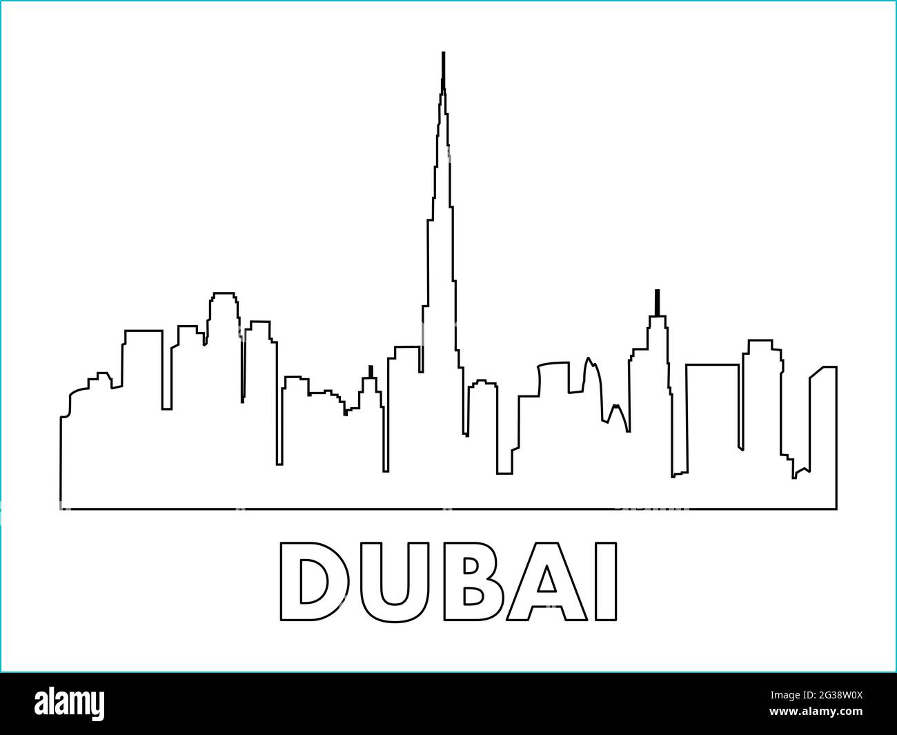 Illustrazione della città di Dubai. United Arab Emirates skyscrapers line art. Silhouette di edifici per stampe, adesivi, disegni. Foto Stock