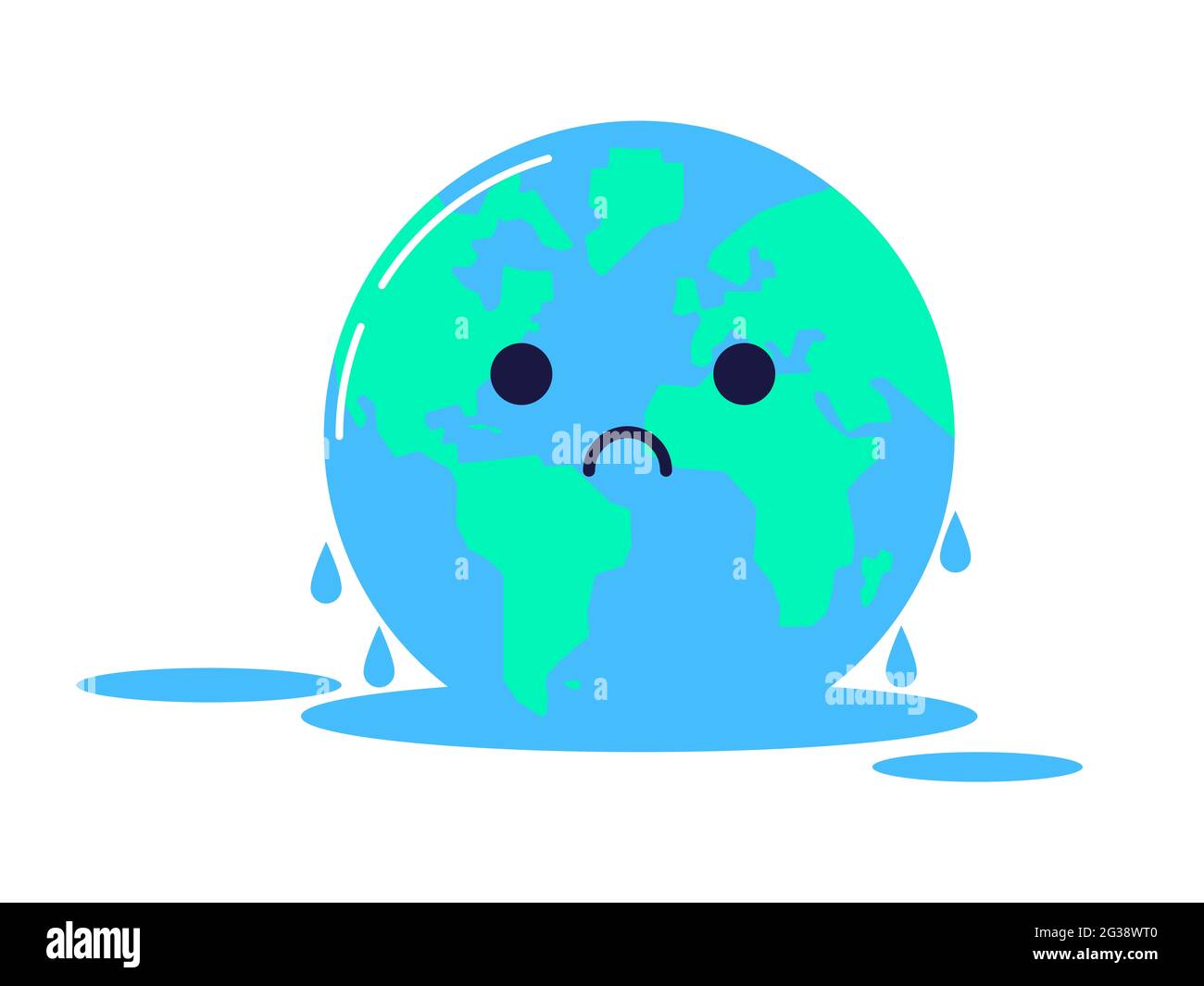 Illustrazione clip-art per alte temperature, riscaldamento globale e cambiamento climatico. Personaggio della Terra triste, illustrazione per bambini isolata su uno sfondo bianco. Foto Stock