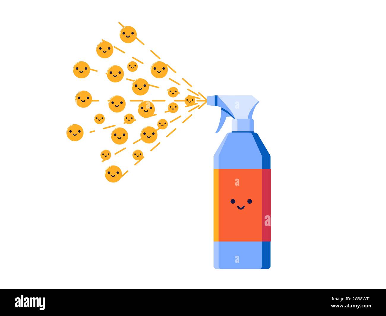 Illustrazione del concetto di positività di diffusione. Un design piatto creativo e vivace. Spruzzi da cui escono i sorrisi. Effetto positivo dopo la pulizia. Foto Stock