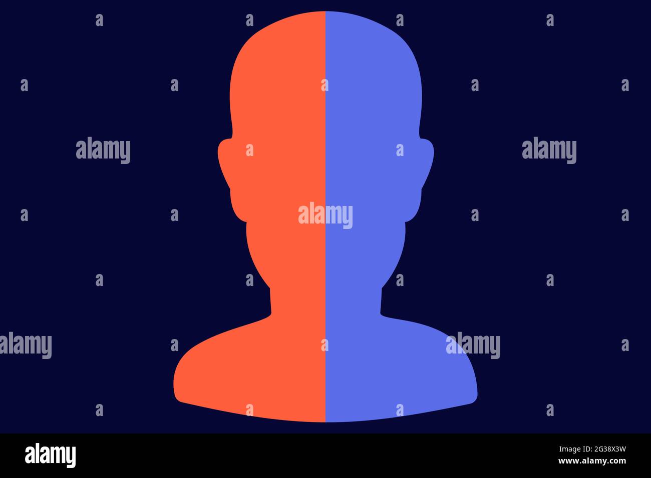 Dividi personalità. Sfondo di salute mentale. Sentimenti opposti, cattivo umore e un buon umore rappresentati dai colori blu e rosso. Foto Stock