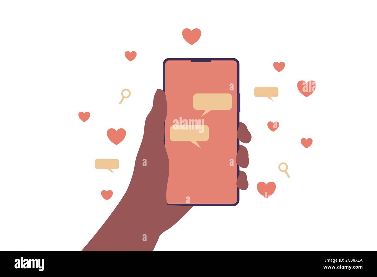 Persona di etnia afroamericana che tiene un dispositivo mobile mentre invia messaggi a una persona cara. Il concetto di innamoramento online. Vettore. Illustrazione Vettoriale