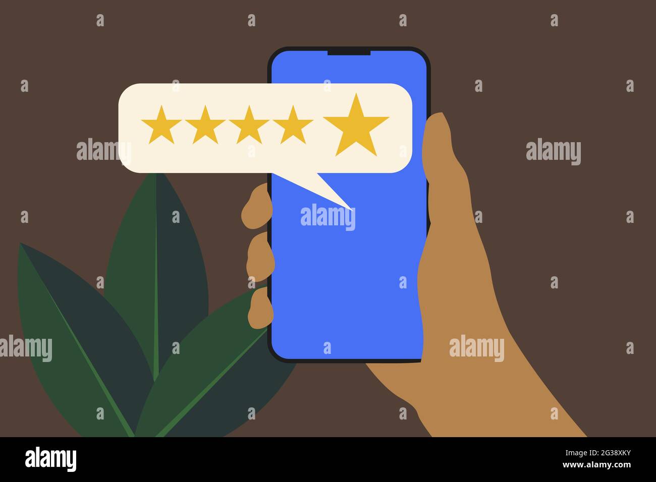Concetto di recensione a cinque stelle. Primo piano sulla mano del cliente premendo sullo schermo dello smartphone con l'icona di feedback a cinque stelle dorata e premere rank. Illustrazione Vettoriale