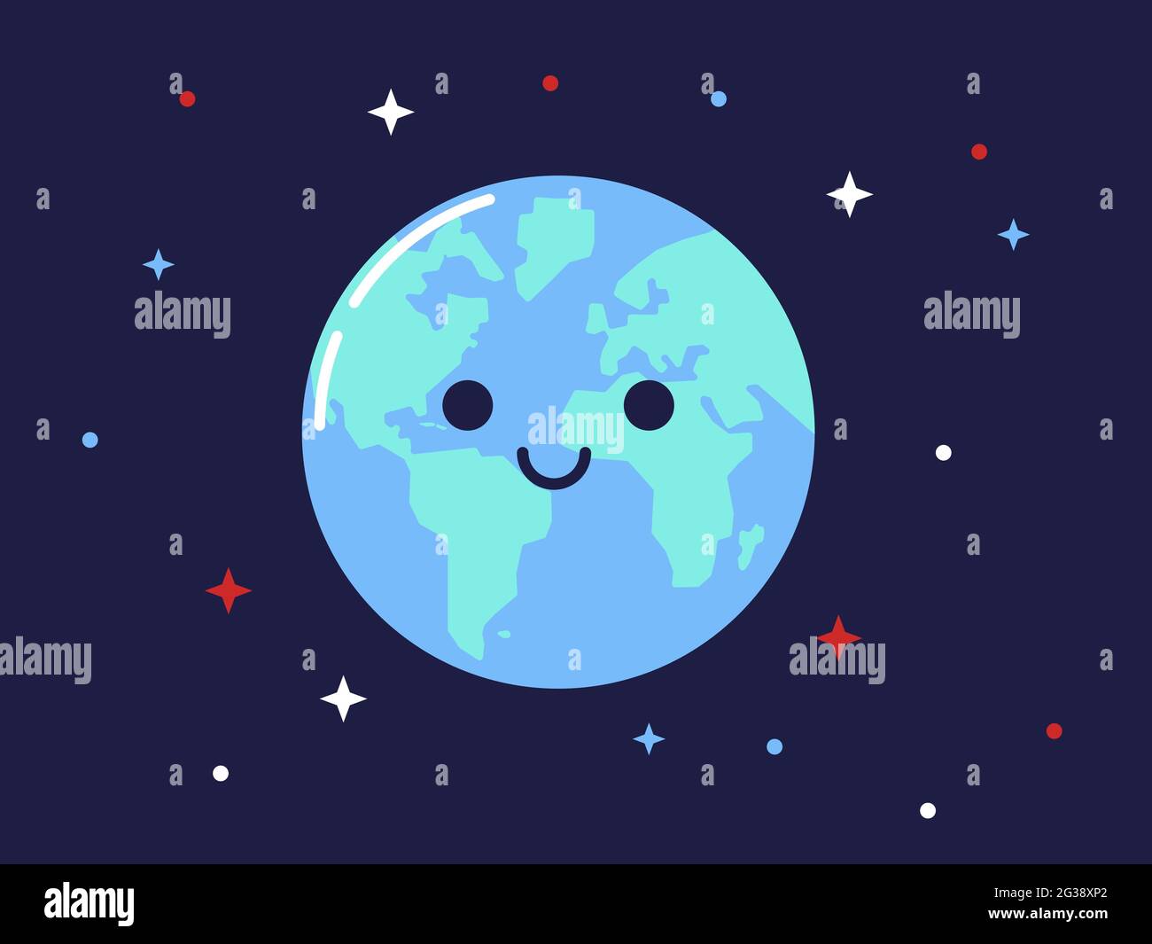 Illustrazione del carattere sorridente della terra. Carino globo nello spazio con gli occhi e un sorriso. Vista COSMOS. Vettore. Illustrazione Vettoriale