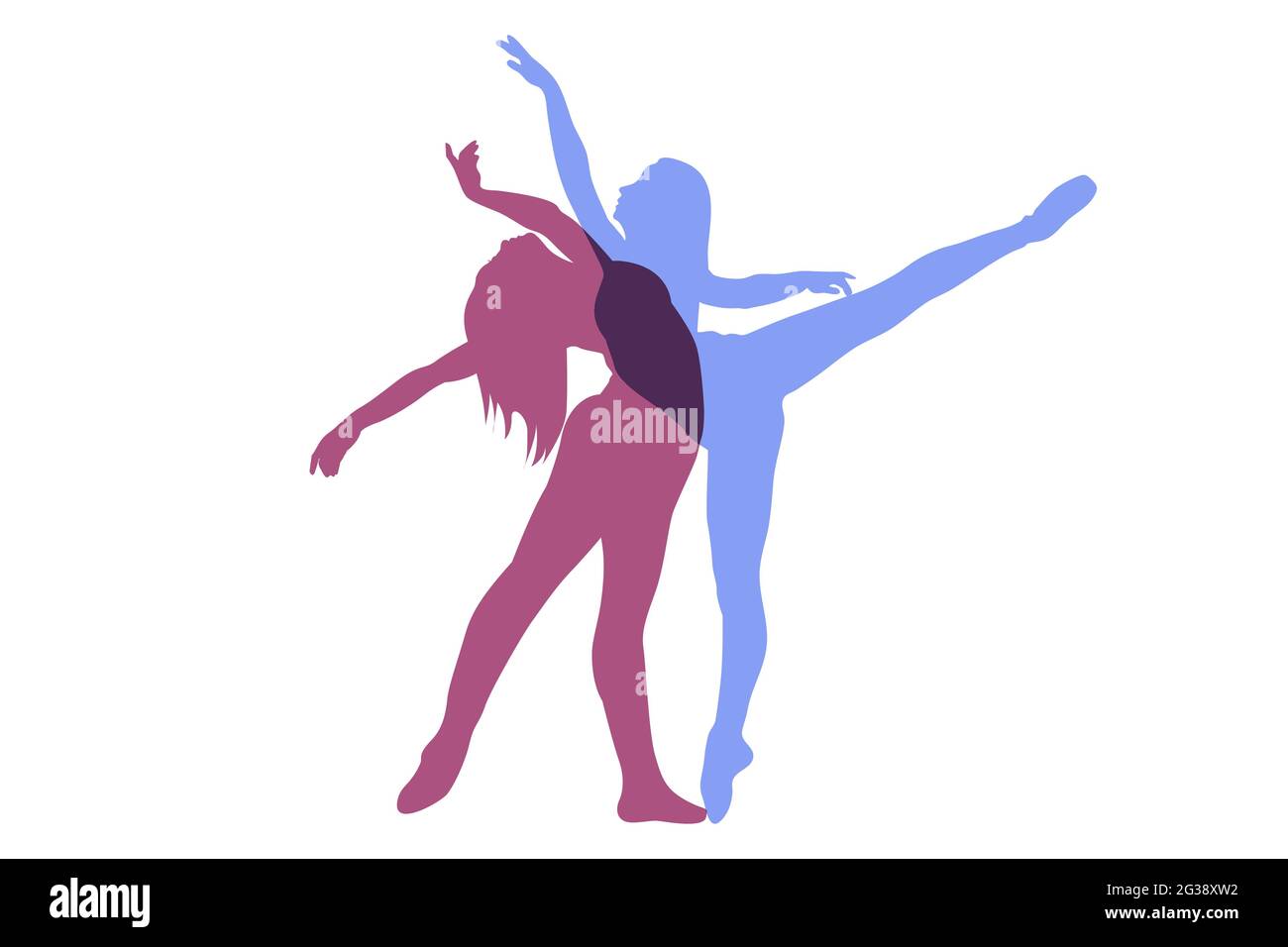 Sfondo astratto con un paio di ballerine donna. Sovrapposizione, stampa effetto. Profilo delle donne atlete in movimento. Vettore. Illustrazione Vettoriale